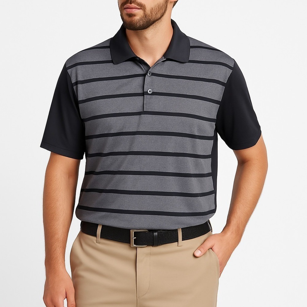 PGA Tour Gray Black Striped Performance‎ Polo Shirt XL Airflux Golf Activewear